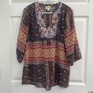 Fig & Flower Navy Orange Red White Paisley Sheer Womens Small Blouse Shirt Top